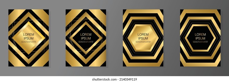 Vector cover black and gold design set with squares and hex. Templates for Brochures, Flyers, Mobile Technologies, Applications, and Online Services, Typographic Emblems, Cards, Posters, Backgrounds