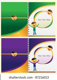 vector cover book layout cartoon with green, purple and yellow color. circle name card