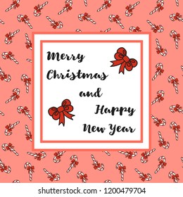 Vector cover for Chistmas greeting card design with calligraphy lettering. "Merry Christmas and Happy New Year" inscription on pink background with christmas candies. Vector illustration.
