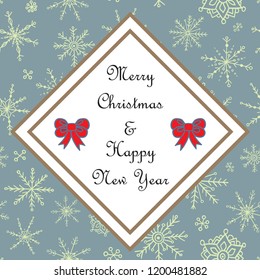 Vector cover for Chistmas greeting card design with calligraphy lettering. "Merry Christmas and Happy New Year" inscription on blue  background with doodle snowflakes. Vector illustration.