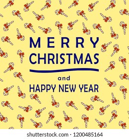 Vector cover for Christmas greeting card design with calligraphy lettering. "Merry Christmas and Happy New Year" inscription on light background with candies. Vector illustration.