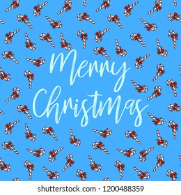 Vector cover for Christmas greeting card design with calligraphy lettering. "Merry Christmas" inscription on light blue background with candies. Vector illustration.