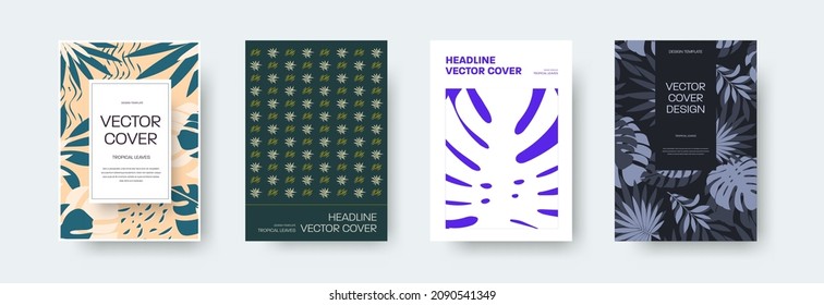 Vektorgrafik mit kreativem Farbdesign, tropisch, exotisch, große, kleine Blätter, Palmen, Monstera auf weißem, schwarzem Hintergrund. Stilvolle Broschüre, Broschüre mit Schlagzeile. Set für Bücher, Notebook