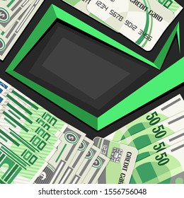 Vector Cover for Currency Exchange with copy space, decorative square placard with cartoon paper banknotes of dollar usa, plastic debit card, european euro on black backdrop and polygonal empty space.