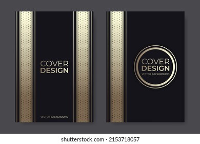 Diseño de la cubierta vectorial. Resumen de un elegante folleto en color negro y dorado en el diseño de un volante tamaño A4. Portada de orientación vertical en formato A4. Plantilla de diseño de portada. Ilustración del vector