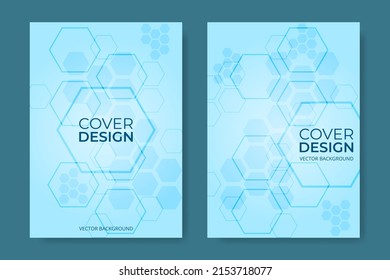 Vector Cover Design. Blue Hexagonal Medical Brochure In A4 Size Flyer Design. Vertical Orientation Front Page Of A4 Format. Cover Design Template. Vector Illustration