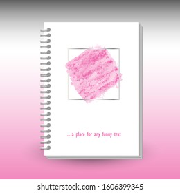 vector cover of diary, notebook or book with ring spiral spine binder - format A5 - layout brochure concept - cute pink watercolor blot with silver gray frame