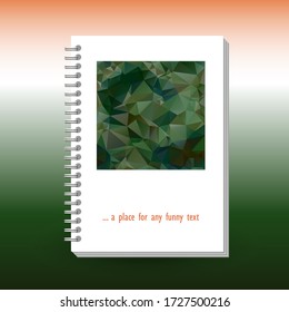 portada vectorial de diario, cuaderno o libro con encuadernador de espina dorsal de anillo - formato A5 - concepto de folleto de disposición - caqui verde militar y naranja de color con patrón triangular poligonal