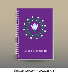 vector cover of diary or notebook with ring spiral binder - format A5 - layout brochure concept - purple violet colored with spring snowdrop mandala