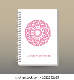 vector cover of diary or notebook with ring spiral binder - format A5 - layout brochure concept - cute pink heart mandala
