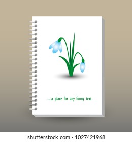 vector cover of diary or notebook with ring spiral binder - format A5 - layout brochure concept - snowdrop flower on white background