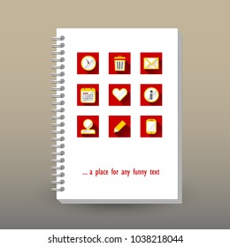 vector cover of diary or notebook with ring spiral binder - format A5 - layout brochure concept - red yellow colored flat design planning icons -  polygonal triangle pattern