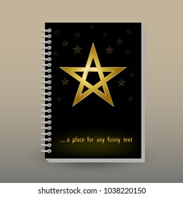 vector cover of diary or notebook with ring spiral binder - format A5 - layout brochure concept - gold pentagram on black background