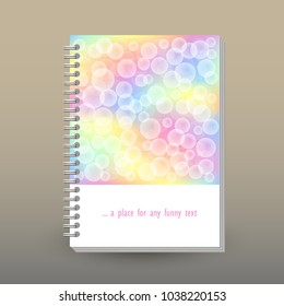 vector cover of diary or notebook with ring spiral binder - format A5 - layout brochure concept - pastel full color spectrum colored with transparent bubbles