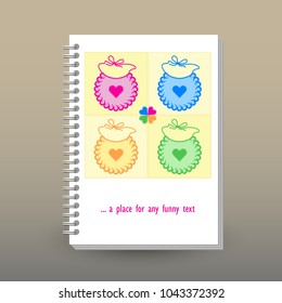 vector cover of diary or notebook with ring spiral binder - format A5 - layout brochure concept - cute pastel colored - patchwork pattern with baby bibs