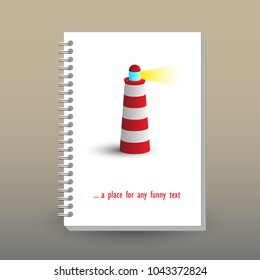 vector cover of diary or notebook with ring spiral binder - format A5 - layout brochure concept - red and white colored lighthouse symbol with yellow light