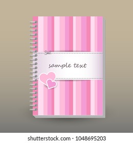 vector cover of diary or notebook with ring spiral binder - format A5 - layout brochure concept - cute pink colored strips with couple of hearts - scrapbooking pattern