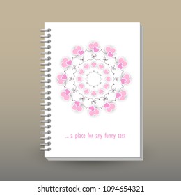 vector cover of diary or notebook with ring spiral binder - format A5 - layout brochure concept - cute wedding mandala with pink colored paper hearts 