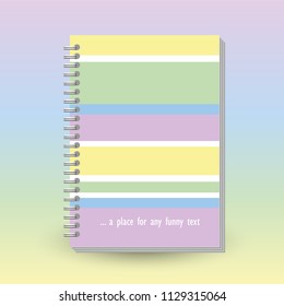 vector cover of diary or notebook with ring spiral binder - format A5 - layout brochure concept - pastel colored horizontal strips - yellow, green, blue and violet rainbow

