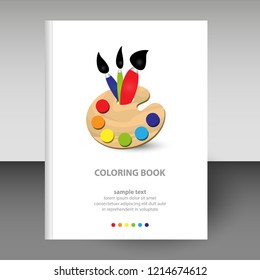vector cover of diary or notebook white hardcover - format A4 layout brochure concept - wooden coloring painter palette with brushes - basic colors red, blue, yellow, green and blue