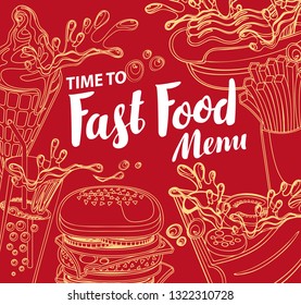 Vector cover for fast food menu with ice cream, cola, Burger, pizza, French fries and hotdog in retro style. Outline drawing with handwritten inscription on red background. Healthy and unhealthy food