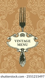 Menu de comida e bebida da tampa do vetor para o restaurante ou café com garfo realista e inscrição no quadro vintage e curlicues, coluna grega da arquitetura em estilo retro no fundo dourado