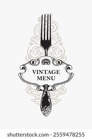 Vector cover food and drink menu for restaurant or cafe with realistic fork and inscription on vintage frame and curlicues, architecture greek column in retro style on golden background