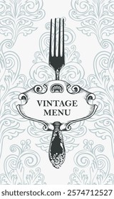 Vector cover food and drink menu for restaurant or cafe with realistic fork and inscription on vintage frame and curlicues, architecture greek column in retro style on golden background