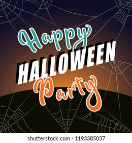 Vector cover for Halloween greeting card. Blank with inscription "Happy Halloween Party" and spider web on dark background.