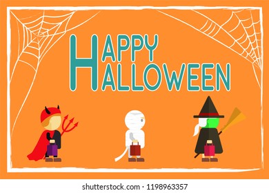 Vector cover for Halloween greeting card. Blank with three kids in costumes and inscription "Happy Halloween" on orange background with spider web.