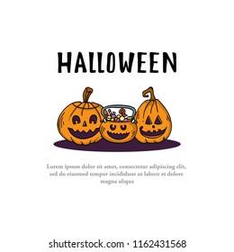 Vector cover with hand drawn, colored, funny pumpkins on white background. Cover on the theme of Happy Halloween
