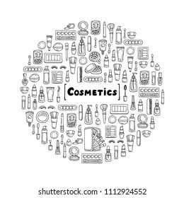 Vector cover with hand drawn cosmetics on white color. Illustration on the theme of fashion
