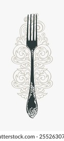 Cobertura vetorial ou logotipo menu de comida e bebida para restaurante ou café com garfo realista com curlicues e ornamento de flores em estilo retro