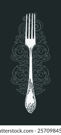 Vector cover or logo food and drink menu for restaurant or cafe with realistic fork with curlicues and flower ornament in retro style