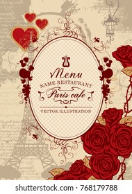 Vector cover menu for Paris cafe with a place for inscription with the Eiffel Tower, red heart and roses on the background of the old manuscript with spots in retro style