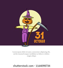 Vector cover on the theme of Happy Halloween. Colored cover with hand drawn scarecrow with pumpkin
