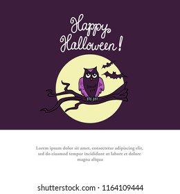 Vector cover on the theme of Happy Halloween. Colored cover with hand drawn owl and bats
