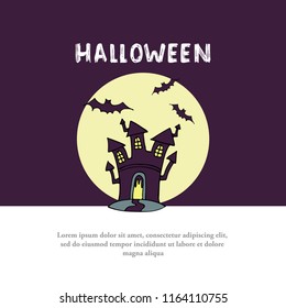 Vector cover on the theme of Happy Halloween. Colored cover with hand drawn old terrible house with bats
