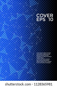 Vector cover page layout. Global network connection triangles grid. Interlinked nodes, atom or social media, web structure concept. Network nodes information technology concept.