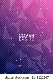 Vector cover page layout. Global network connection triangles grid. Interlinked nodes, molecular or social media, web structure concept. Network nodes information technology concept.