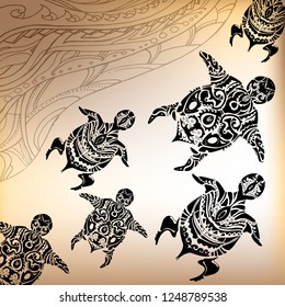 vector cover, poster, with Maori turtles in vintage style on a background with traditional
  ethnic ornament, hand drawing, eps 10