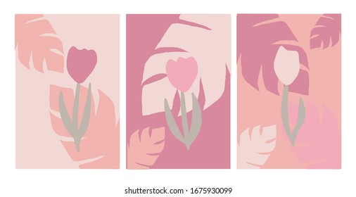Vector cover set of botanical design templates for banner, greeting card, poster and advertising.Pastel color banners with leaves and flowers