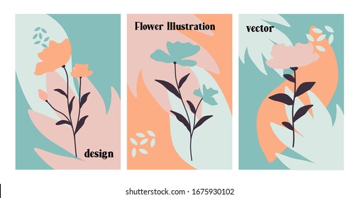 Vector cover set of botanical design templates for banner, greeting card, poster and advertising.Pastel color banners with leaves and flowers