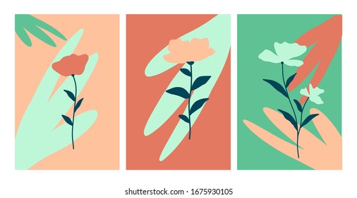 Vector cover set of botanical design templates for banner, greeting card, poster and advertising.Pastel color banners with leaves and flowers