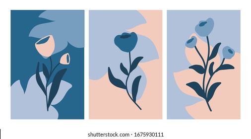 Vector cover set of botanical design templates for banner, greeting card, poster and advertising.Pastel color banners with leaves and flowers