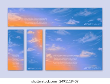 Vector cover set. Collection of hand drawn cards with gradient sunset sky and realistic clouds. Brochure, flyer templates 