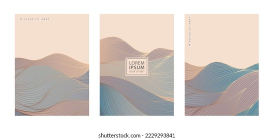 Vector cover set with japanese mountain background, wavy line style. Collection design elements: labels, frames, invitations, brochures, packaging, luxury products, perfume, soap, wine