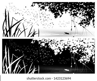 Vector cover for social networks, with the image of summer, day and night, with trees, grass and water