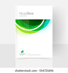 Plantilla de portada de vectores para catálogo, informe anual, folleto. Resumen diseño geométrico limpio en verde y azul. EPS 10. A4
