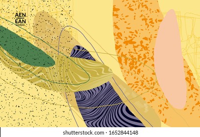 Plantilla de cubierta vectorial con formas variadas o tornillos dibujados a mano con textura. Diseño de líneas y formas onduladas a rayas. Fondo abstracto de hipster en estilo plano. Diseño de arte moderno. 